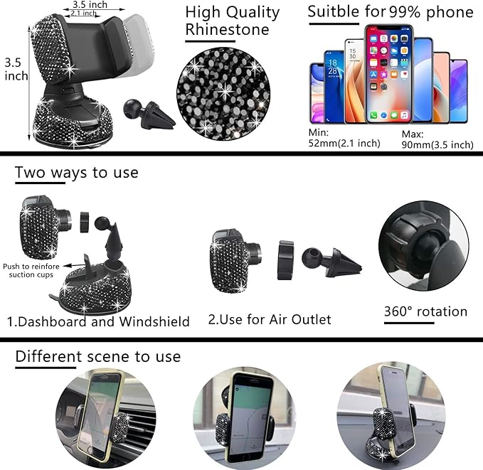 NBTEPEM 27 PCs Black Bling Car Accessories Set for Women, Steering Wheel Covers Universal Fit 15 Inch, Bling License Plate Frame, Bling Phone Holder, Bling Car Coasters (Black Diamond)
