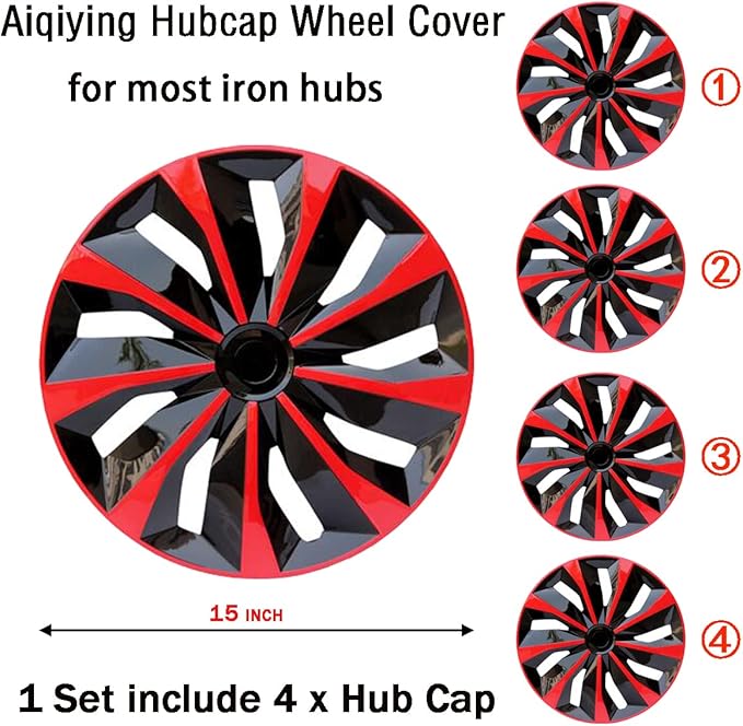 Hubcap Wheel Cover Replacement R15 Hub Caps Universal-Fit Steel Wheel Rim Cover ABS Material Exterior Accessories for Car Truck SUV -Set of 4（15-inch，Red-Black）