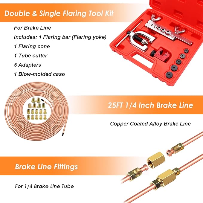 25 ft 1/4Inch Copper Coated Brake Line Kit(Includes 24 Fittings and 4 Unions) with Double & Single Flaring Tool Kit