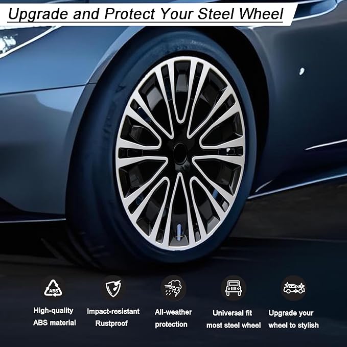 Hubcap Wheel Cover Replacement R15 Hub Caps Universal-Fit Steel Wheel Rim Cover ABS Material Exterior Accessories for Car Truck SUV -Set of 4（15-inch，Silver-Black）