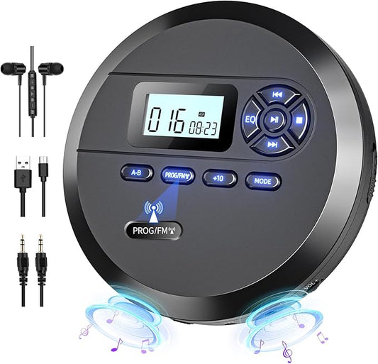 DESOBRY CD Player Portable with Speakers & FM Transmitter, Rechargeable Compact CD Player for Car Built-in 2000mAh Battery, LCD Screen, Earphones, AUX Cord