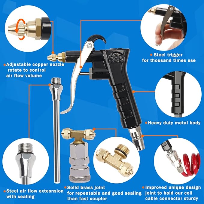 Heavy Duty Truck Air Duster Blow Gun Cleaning with 9 Meter Long Coil and 2 interchangeable nozzle tips- Blue Air Seat Blow Gun Kit