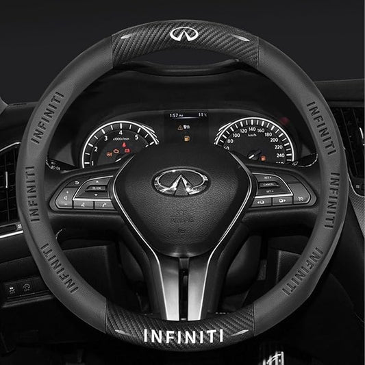 fir for Infiniti Steering Wheel Cover,Carbon Fiber Texture Nappa Leather,Custom Embossed Logo,Round Shape, Car Steering Wheel Protector Compatible with Infiniti Q50L QX50 QX55 QX60 QX80 Accessories