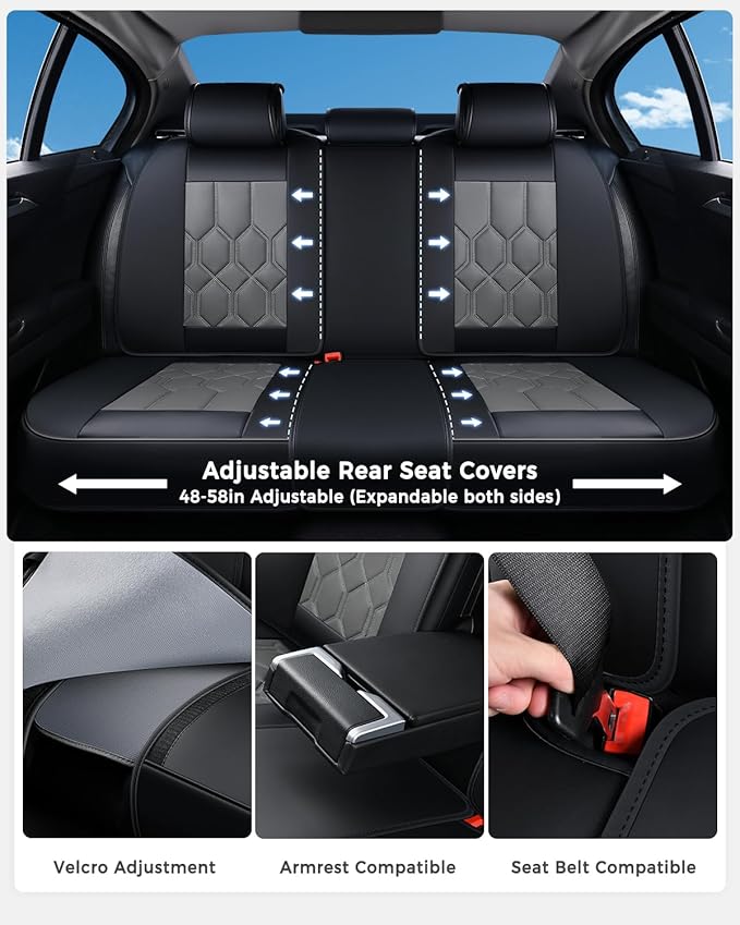 Huidasource Leather Car Seat Covers Full Set, Full Coverage Universal Fit for Most Cars SUVs Trucks, Easy Install with Velcro, Airbag Compatible, Retains Seat Functions & Cupholders, Black & Gray