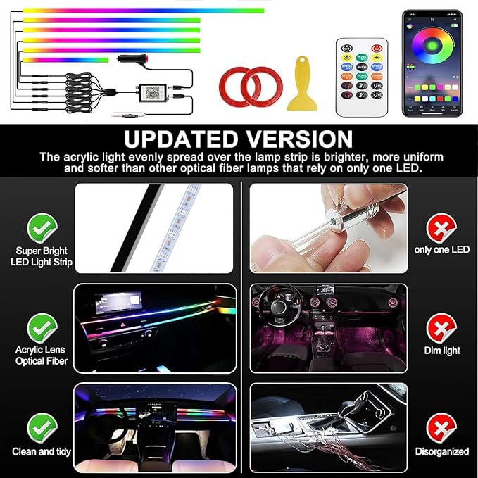 Acrylic Interior Car LED Strip Light with APP Remote Control, 175in 6 in 1 RGB Dreamcolor Neon Flexible Strip Fiber Optic LED Ambient Lighting Kits,RGB Music Lights Sync for Inside car Decorations