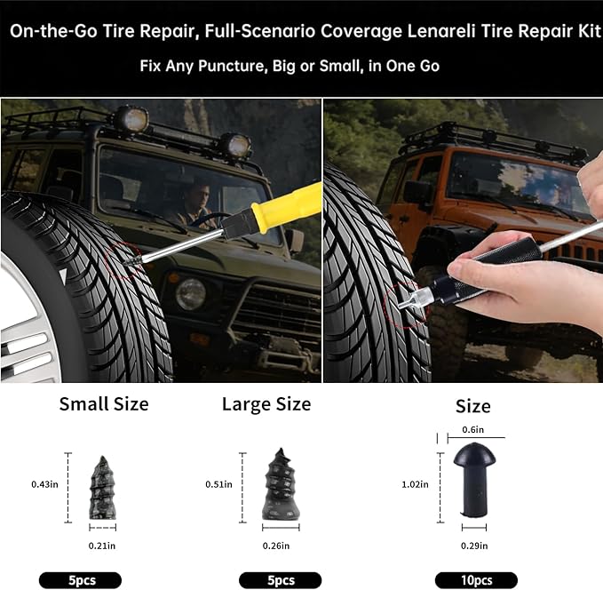 Tire Repair Kits Tubeless Tire Puncture Repair Kit with Mushroom Plug, Repairs punctures and Flat Tires for Motorcycles, Cars, Trucks, ATVs,Gun Puncture Repair Kit（34-Piece ）