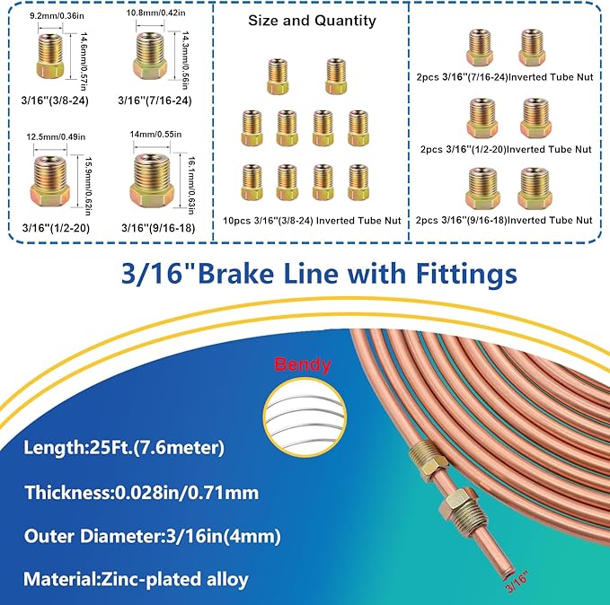 smseace 55Pack 3/16 Inch+3/16 Inch Brake line kit Include 25 FT Copper-Plated Brake Lines with Fitting(32pcs Fittings,4pcs Union+8pcs Nut) Brake line Bender,Single Flare Tool,Cutter Brake line kit