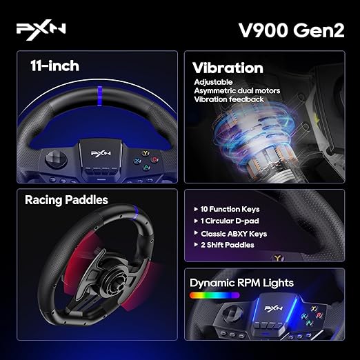 PXN Gaming Steering Wheel - 270/900° V900 GEN2 Sim Racing Wheel with Pedals Paddle Shifter - for Xbox One,Series S|X, PC, PS4, Switch