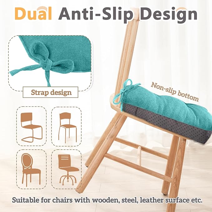 MAGIC ELEPHANT Chair Cushions for Dining Chairs, Memory Foam Kitchen Chair Cushions Set of 4, Non-Slip Thick Dining Room Chair Pads Seat Cushions, 15.5" x 15.5" x 4" (Aqua Green)