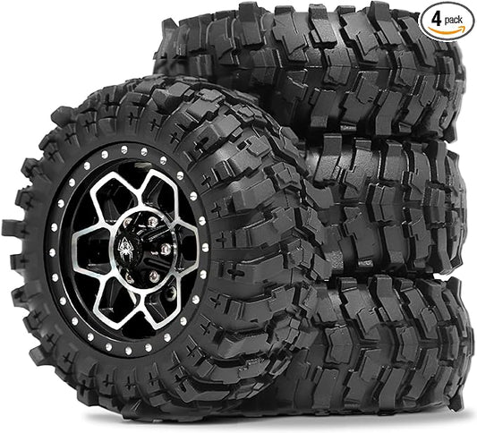 REDSPIDER Metal 1.9'' Beadlock Wheels and Crawler Tires OD 88MM/3.46'' (4PCS) for 1/12 RC Crawler MJX H12Y+ MN-128 MN82S LC79 ﻿ (Black)
