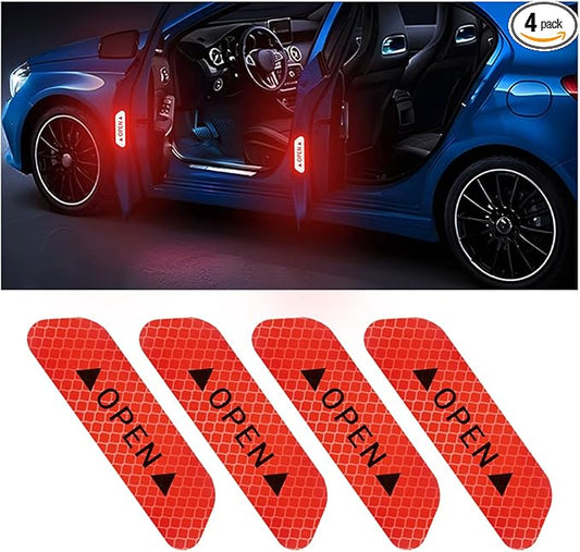 4PCS Reflective Open Warning Stickers for Car Door, Night Visibility Auto Safety Prompt Decals, 3.6 Inch Anti-Collision Protective Strip Tape, Car Accessories Universal for Truck, SUV, Van (Red)