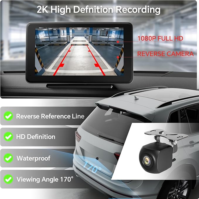 Wireless CarPlay & Android Auto Car Stereo - 7" HD Portable Touchscreen with Bluetooth 5.2, GPS Navigation, Mirror Link, 1080P Backup Camera, AUX & FM Transmitter - Plug & Play Receiver for Vehicles