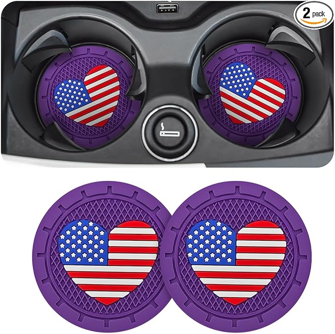 AUCELI 2 Pack Car Cup Holder Coasters, Colored American Flag US Flag Insert Car Cup Coaster, 2.75 Inch Anti Slip Shockproof Embedded Drink Mat, Vehicle Interior Decor Accessories