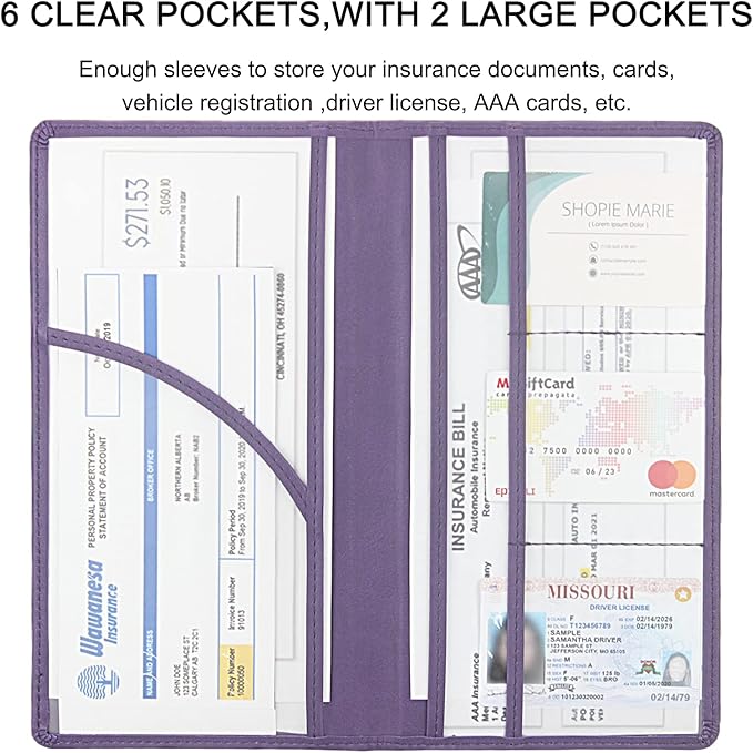 LumiMokki Premium Car Registration & Insurance Card Holder with Magnetic Shut, Vehicle Glove Box Car Organizer - For Documents, Cards, License (Purple)