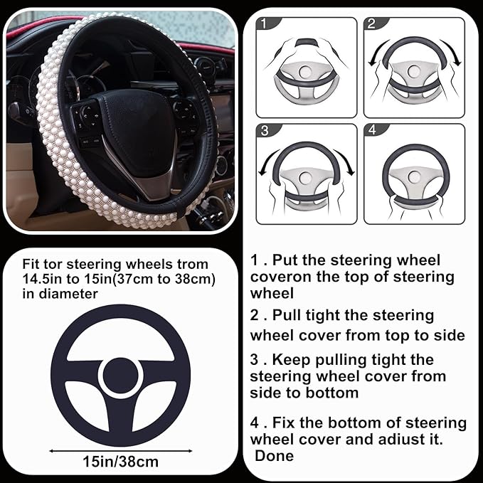 Leather Bling Steering Wheel Cover Women Rhinestone White Soft Comfortable Glitter Sparkly Universal 15 inch Steering Wheel Cover Non-Slip Car Accessories