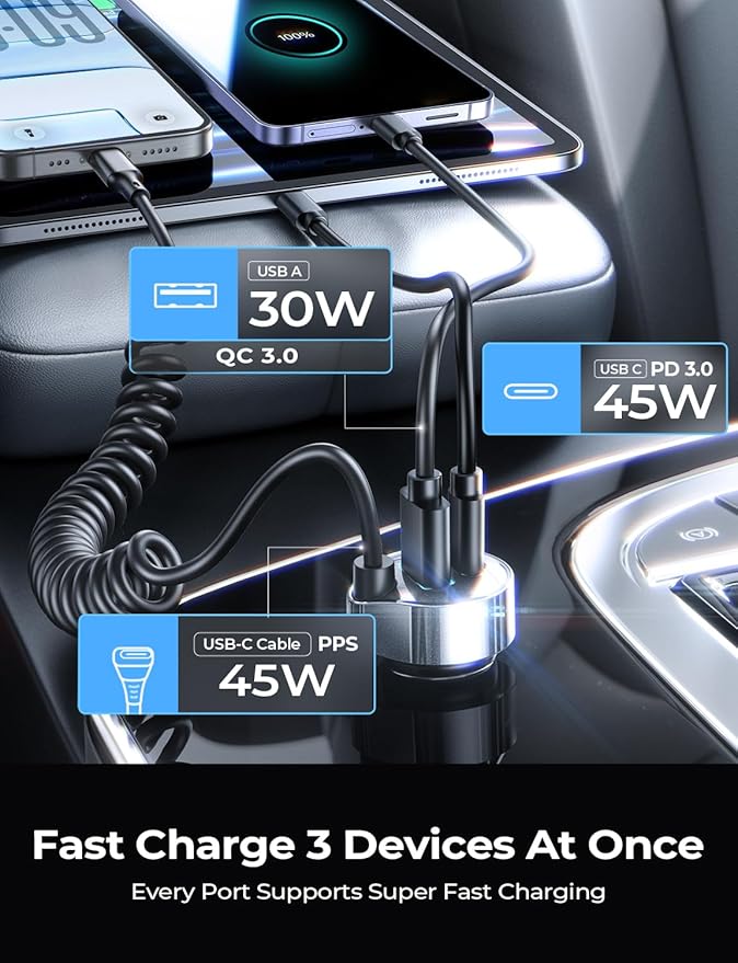 LISEN 90W for iPhone 17 16 15 Pro Max Car Charger USB C Fast Charge,Super Fast for iPhone 17 16 Car Charger USB C Adapter for iPhone 17e 16 15 Pro Max Plus Air,Samsung Galaxy S26 Ultra, Android,90inch