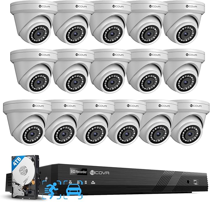 4COVR 4K 16 Channel Security Camera System for Business, 16CH NVR 4TB HDD, AI Human Vehicle Detection, 16x 8MP IP67 Dome Commercial IP PoE Camera with Mic, Night Vision, 24/7 Recording, LY97AX8M1616