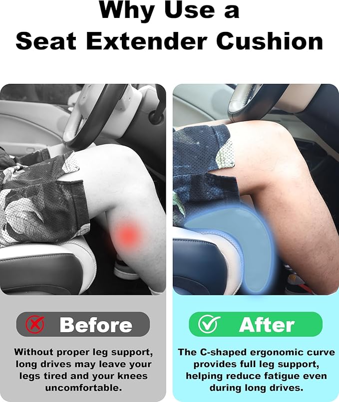 Car Seat Leg Extender Cushion, Memory Foam Under-Thigh Support Car Seat Cover– Breathable PU Leather, Non-Slip Secure Fit for Driver Seat and Office Chair, Ideal for Long Drives & Road Trips
