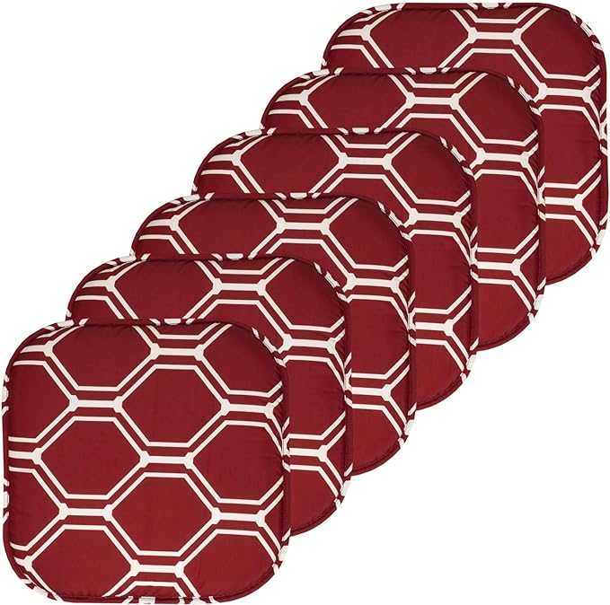 Sweet Home Collection Chair Cushion Memory Foam Pads Honeycomb Pattern Slip Non Skid Rubber Back Rounded Square 16" x 16" Seat Cover, 6 Pack, Mirage Wine/White