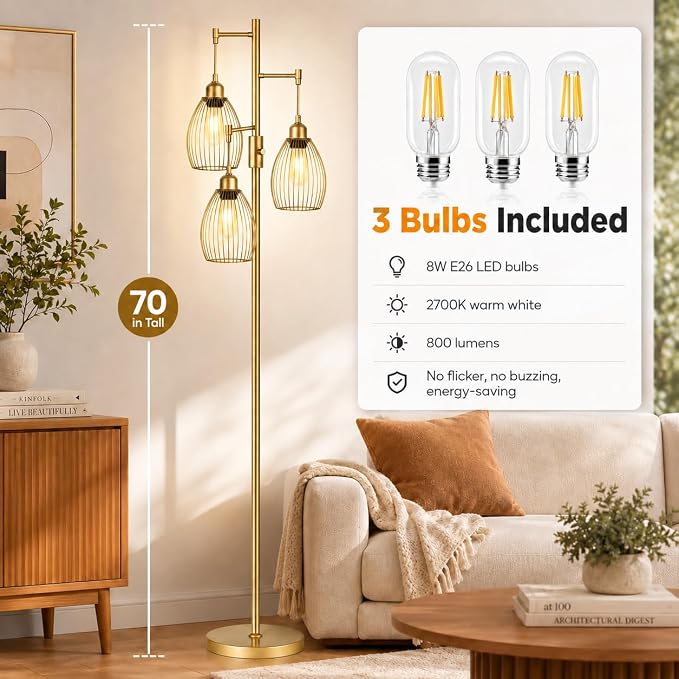 Dimmable Floor Lamp, 3 x 800LM LED Edison Bulbs Included, Farmhouse Industrial Floor Lamp Standing Tree Lamp with Elegant Teardrop Cage Head Tall Lamp for Living Room Bedroom Office Dining Room - Gold
