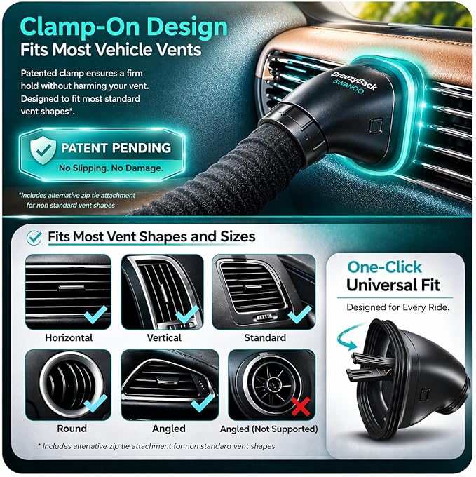 Swanoo Car AC Vent Extender | Air Vent Hose for Backseat | Directs Cool or Hot Air to Kids & Pets | Universal Fit | Extends Up to 10 FT | AC Tube for Baby Car | Back Seat Air Conditioning | BreezyBack