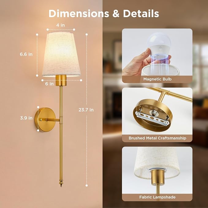Brightown Battery Operated Wall Sconce Set of 2,Wireless Rechargeable Wall Lights with Dimmable Magnetic Bulbs and Remote for Living Room，12 Colors Linen Wall Lamp for Bedroom Hallway Decor