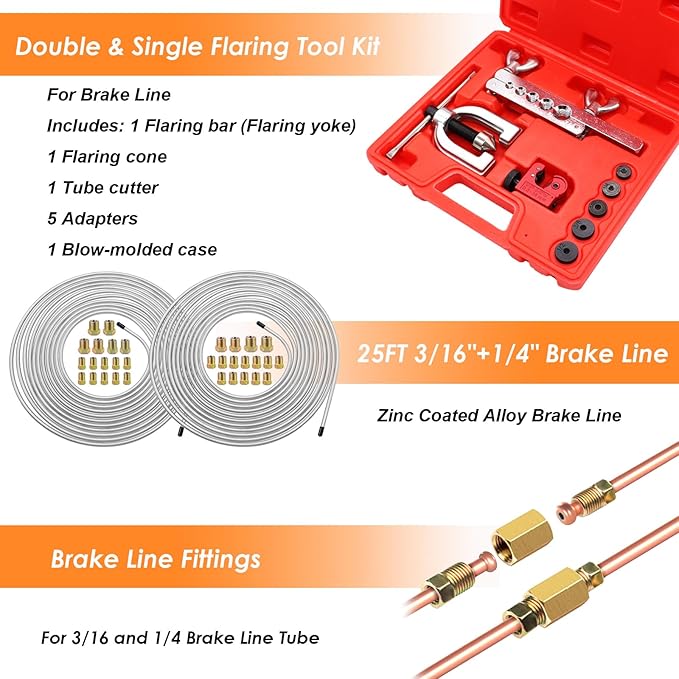 25 ft 3/16 + 1/4 Zinc Coated Alloy Brake Line Kit(Includes 48 Fittings and 8 Unions) with Tube Bender and Double & Single Flaring Tool Kit