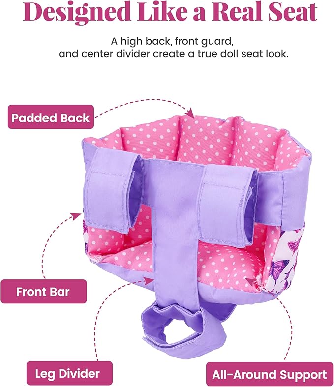 BABESIDE Doll Bike Seat for 12 Inch Dolls, Butterfly Doll Carrier for Kids Bike and Scooter, Baby Doll Accessories for Outdoor Play, Doll Bicycle Seat Gift for Girls Age 3+