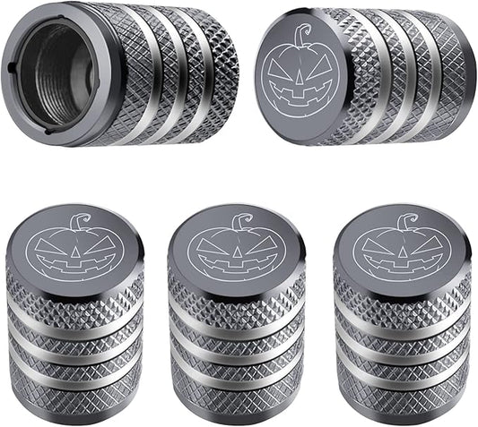 Tire Valve Stem Cap Cover - (5 Pack) Tire Air Cap Metal with Plastic Liner Corrosion Resistant Leak-Proof Halloween Pumpkin Car Decoration Accessories Grey