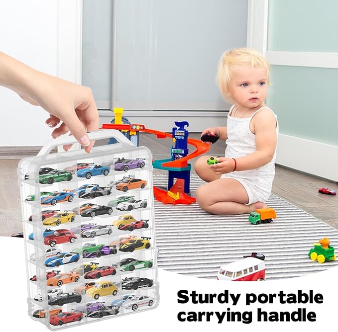 2Pcs Double Sided 1/64 Scale Toy Car Storage Case with Carrying Handle, Portable Transparent Storage Case Compatible with Matchbox Car Hot Wheels, 92 Slot Transparent Organizer for 96 Toy Cars