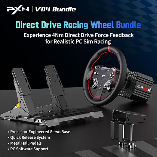 PXN Direct Drive Racing Wheel, VD4 Bundle - 4Nm Force Feedback Servo Motor Base, 11-Inch Steering Wheel, Hall Effect 2-Pedal Set, Desk Clamp Mount - PC Sim Racing Bundle for Windows 7-11