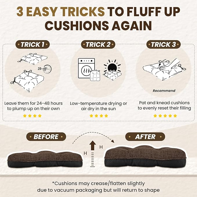 downluxe Indoor Chair Cushions for Dining Chairs, Tufted Overstuffed Textured Foam Kitchen Chair Pads with Ties and Non-Slip Backing, 15.5" x 15.5" x 4", Brown, 6 Pack
