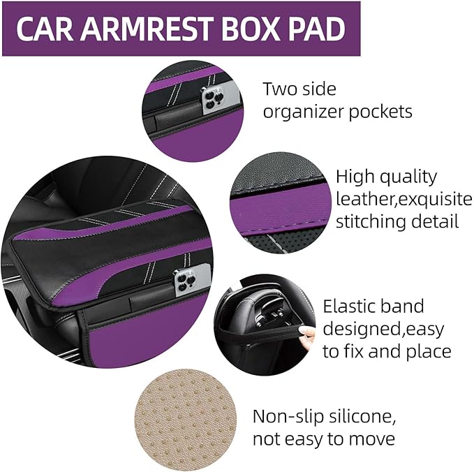 NBTEPEM 6 Pcs Purple Car Accessories Set, Sport Leather Steering Wheel Cover 14.5-15inch Universal, Leather Car Center Console Cover, Seat Belt Cushion, Cup Holder Coaster (Black-Purple)