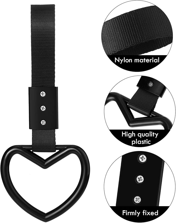 2 Pieces Rings Heart Shaped Car Handle Straps Drift Charm Rear Bumper Warning Ring Decor Subway Bus Broken Heart Handle for Car Interior(Black)
