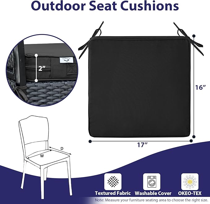 IPYNBAP Outdoor Chair Cushions Set of 4 -Waterproof Outdoor Seat Cushions for Patio Furniture, Patio Chair Cushion with Handle and Ties, Out Door Chair Pads,17x16x2-Square, Black