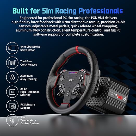 PXN Direct Drive Racing Wheel, VD4 Bundle - 4Nm Force Feedback Servo Motor Base, 11-Inch Steering Wheel, Hall Effect 2-Pedal Set, Desk Clamp Mount - PC Sim Racing Bundle for Windows 7-11