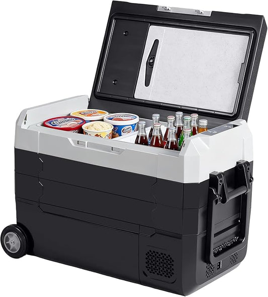 OLIXIS Portable Car Refrigerator, 42QT Dual-Zone Electric Cooler for Vehicles with Wheels & Cutting Board, -4℉-68℉ Freezer Smart Control via Bluetooth, Battery Protection, 12/24V DC & 100-240V AC