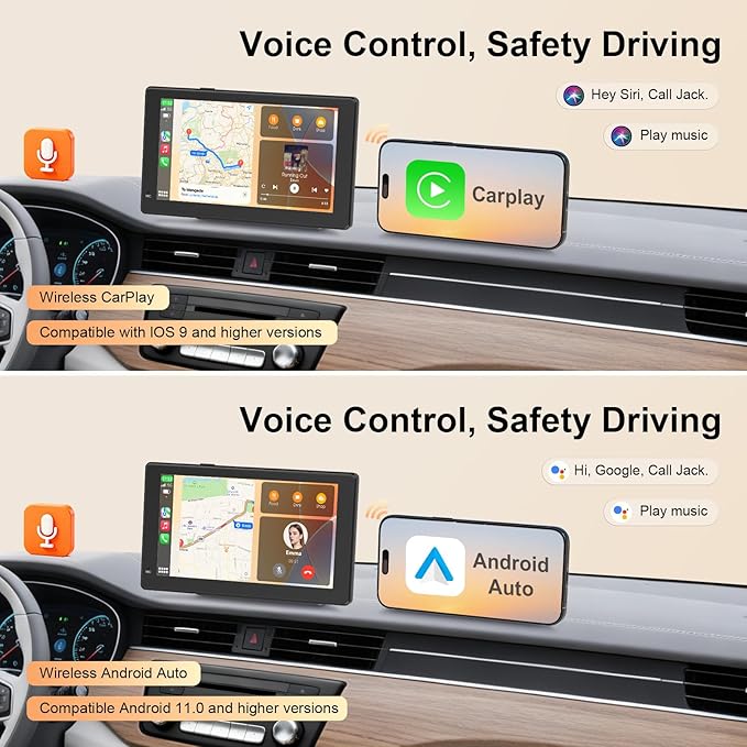 Haudio 7" Portable Wireless CarPlay & Android Auto Screen for Car, HD Touchscreen, Backup Camera, Bluetooth 5.0, FM Transmitter, Plug and Play, Voice Control, Fit All Vehicles