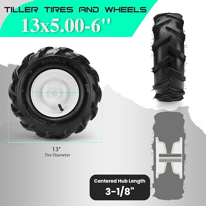 13x5.00-6" Tiller Tires and Wheels, (2-Pack 1" Axle Bore, 3-1/8" Centered Hub) 13x5.00-6" Tiller Tires Replacement for Craftsman & Troy-Bilt Garden Tractors, Tillers & Trenchers