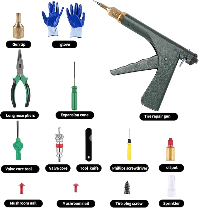 Tire Repair Kits Tubeless Tire Puncture Repair Kit with Mushroom Plug, Repairs punctures and Flat Tires for Motorcycles, Cars, Trucks, ATVs,Gun Puncture Repair Kit(Air pump not included Green)