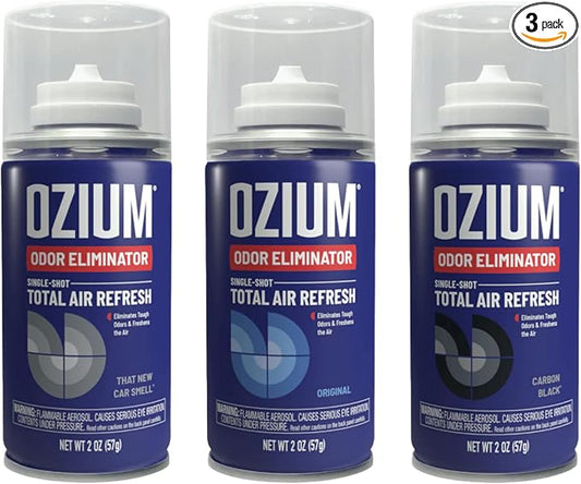 Ozium Air Sanitizer, 2 oz Car Fogger: Single-Shot Smoke Odor Eliminator & Car Air Freshener (Original+That New Car Smell+Carbon Black, 3 Pack Variety)