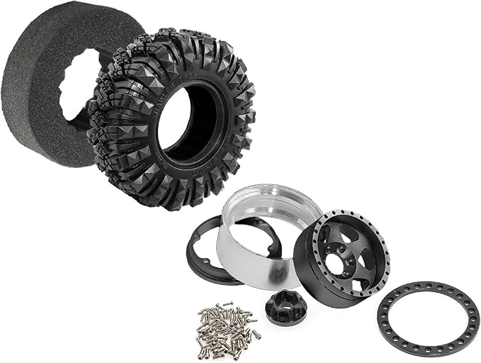 STMU Negative Offset 10.4mm 1.9 Beadlock Wheel Rims Aluminum and 1.9 RC Crawler Tires 4.33 Inch OD Foam Inserts for Traxxas TRX4 Axial SCX10 SCX10 II III RBX10 Redcat Gen 8 (Black)