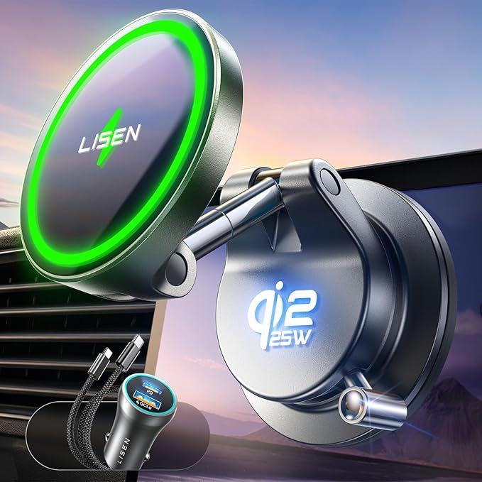 LISEN Qi2.2 25W MagSafe Car Mount Charger, Magnetic Wireless Car Charger with 54W Adapter, Magnetic Phone Holder for Car, iPhone Car Mount, Vacuum Suction Cup Phone Mount for iPhone 17 16 15 14 13 12