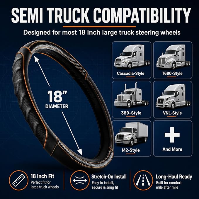 18 Inch Semi Truck Steering Wheel Cover for Freightliner Cascadia, Kenworth T680 T880, Peterbilt 579, Volvo VNL - Anti-Slip Carbon Fiber Grip - Carbon Orange