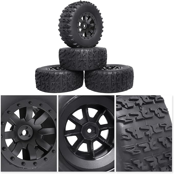 Pre-Glued 1/10 RC Short Course Truck Tires and Wheels Set 12mm Hex for Traxxas Slash 4x4 BL-2S 2WD Redcat Blackout SC Losi SCT Team Associated SC10 HPI, with Foam Inserts (Type 1)