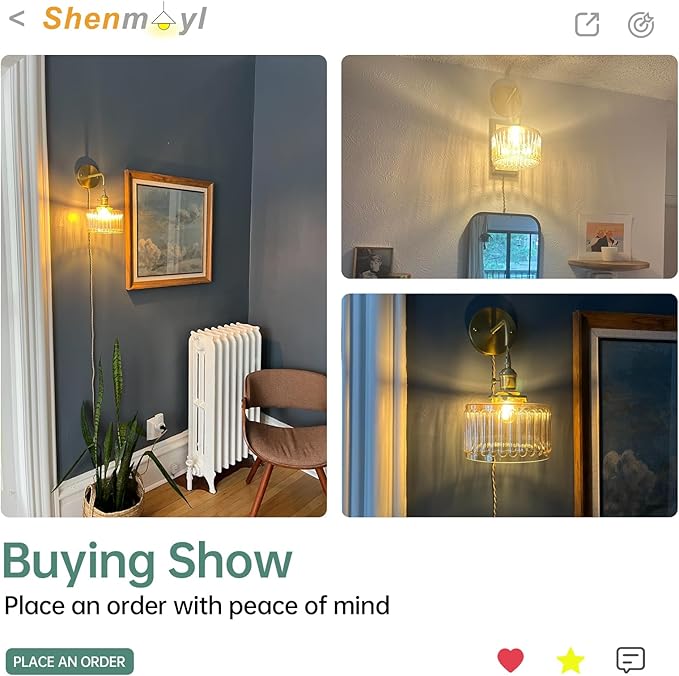 Shenmoyl Vintage Wall Sconce Wall Lamp with Amber Striped Glass Shade Hanging Wall Sconce with 4.9FT Plug in Cord, Modern Wall Lamp Fixtures Decor for Bedside Bedroom Indoor Doorway