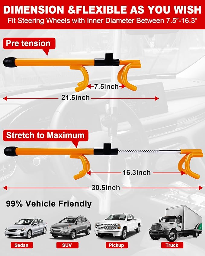 Tevlaphee Car Steering Wheel Lock Great Deterrent Adjustable Car Lock Steering Wheel Anti Theft Car Device for Vehicles,Trucks,Vans,SUVs (Yellow)