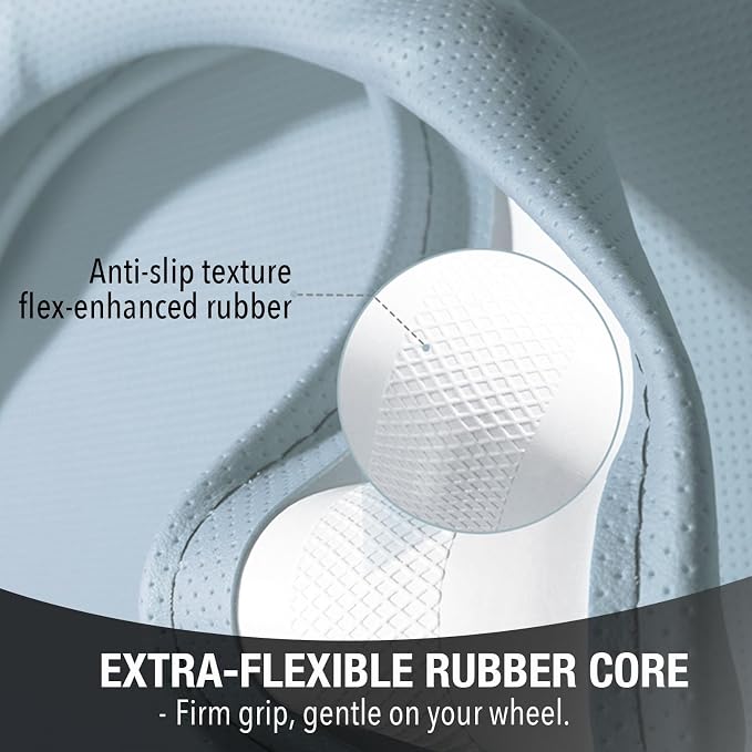 PINCTROT Large Size Nappa Leather Steering Wheel Cover with Ergonomic Palm Support Grip, Full Perforated Breathable, Slim Fit No Bulk Design,15.5-15.75 Inch(Ice Blue)