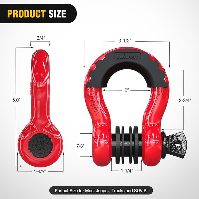 Nilight 3/4 inch D Ring Shackle 2 Pack 19T (41,887 lbs) Break Strength 4.75T WLL Heavy Duty Towing Hook with Anti-Theft System Anti-Rattle Isolators for Truck Jeep SUV ATV UTV Recovery Red