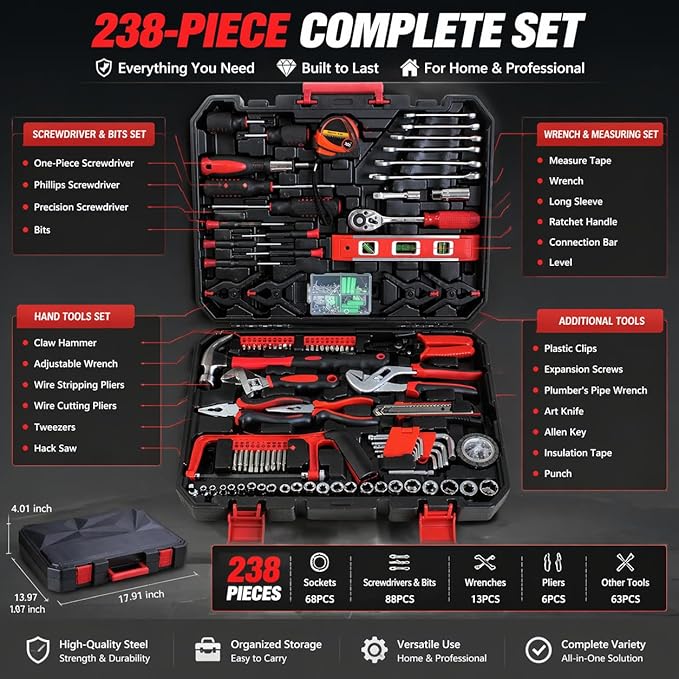 238 Piece Home Repair Tool Kit, Basic Household Hand Tool Set with Portable Hard Case, General Daily Maintenance Tool Box for Homeowner DIY Projects, Black&Red